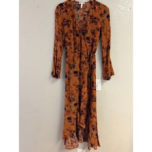 Leith Floral Wrap Midi Dress Rust Orange Long Sleeve Bell Cuff High Low Medium